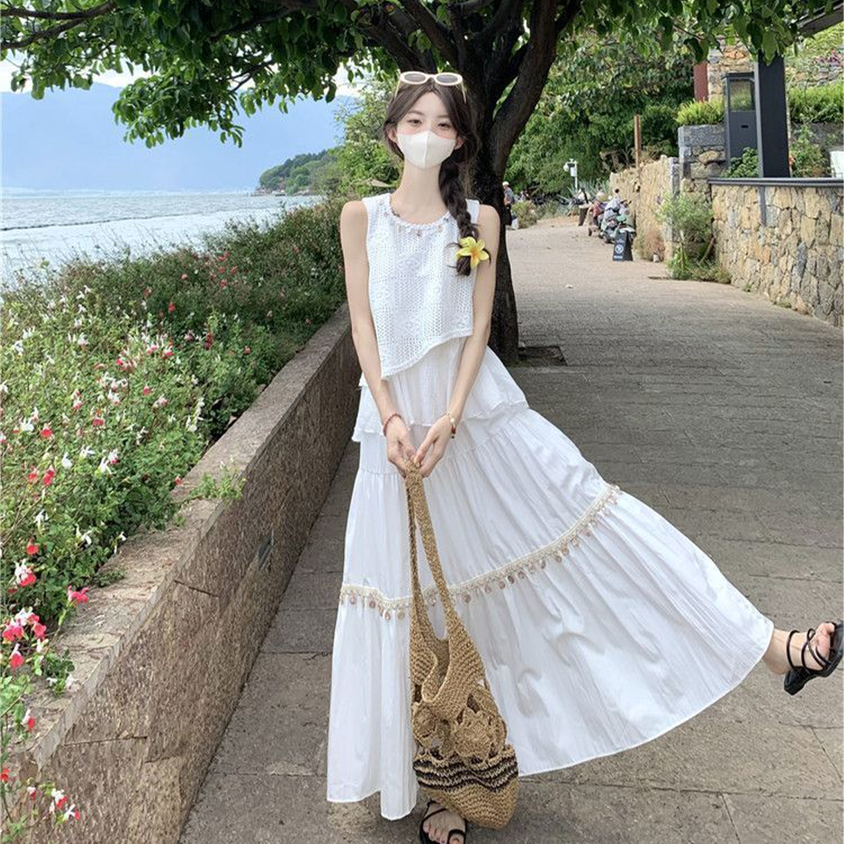 文藝民族風復古鏤空吊帶裙套裝