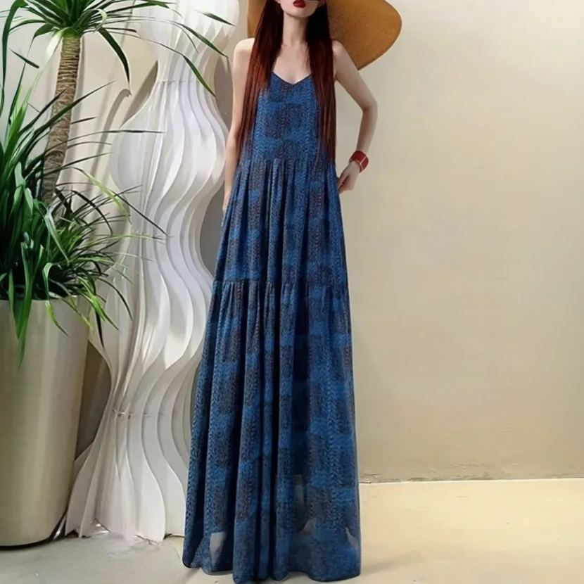 波西米亞雪紡無袖吊帶沙灘v領長洋裝