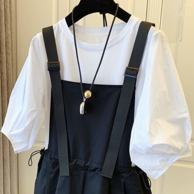 【可單買】韓版泡泡袖上衣+顯瘦收腰背帶連身裙套裝