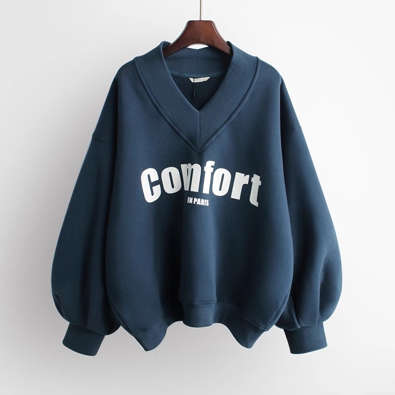 韓版休閒時尚寬鬆百搭字母印花V領衛衣-Cicimode