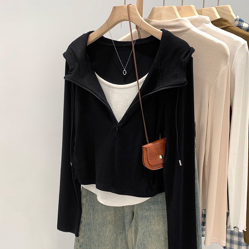 美式辣妹假兩件抽褶顯瘦連帽長袖t恤