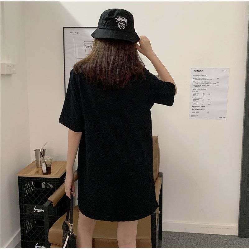 港風純棉寬鬆圓領開叉遮臀中長版短袖T恤