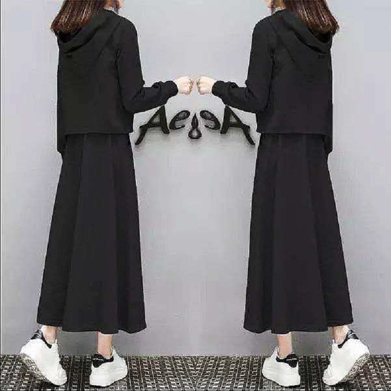 【整賣】復古百搭氣質顯瘦連帽長袖+半身裙兩件套裝