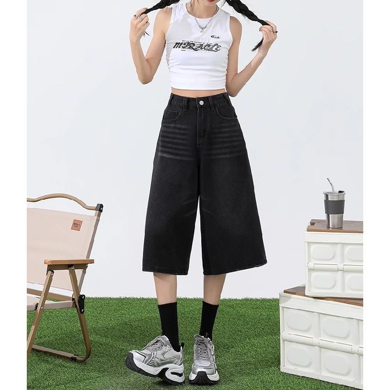 淺色七分牛仔褲女夏季薄款高腰顯瘦直筒大碼胖mm寬鬆7分闊腿中褲