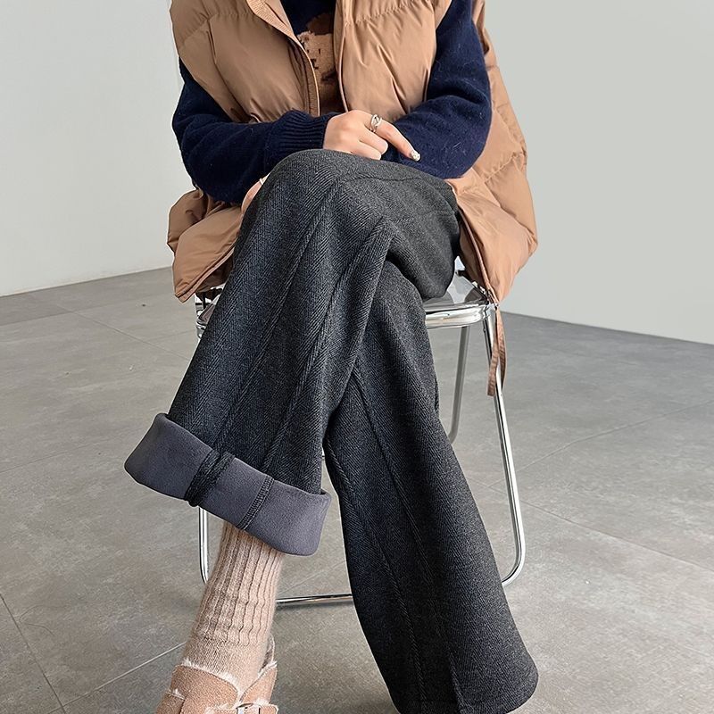 人字紋刷毛闊腿毛呢開叉直筒窄版香蕉褲-Cicimode