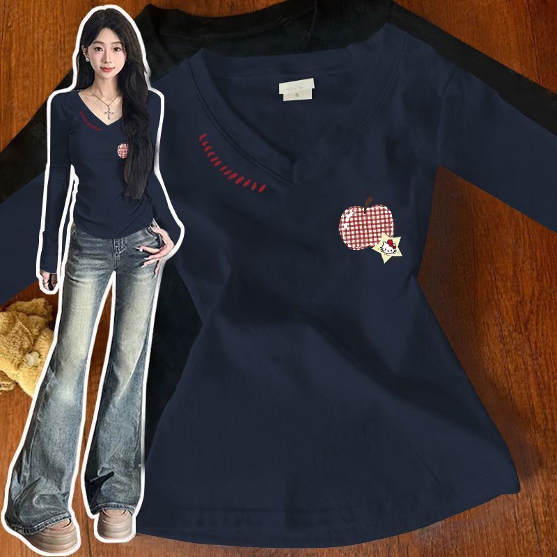 潮流字母印花修身顯瘦v領長袖T恤-Cicimode