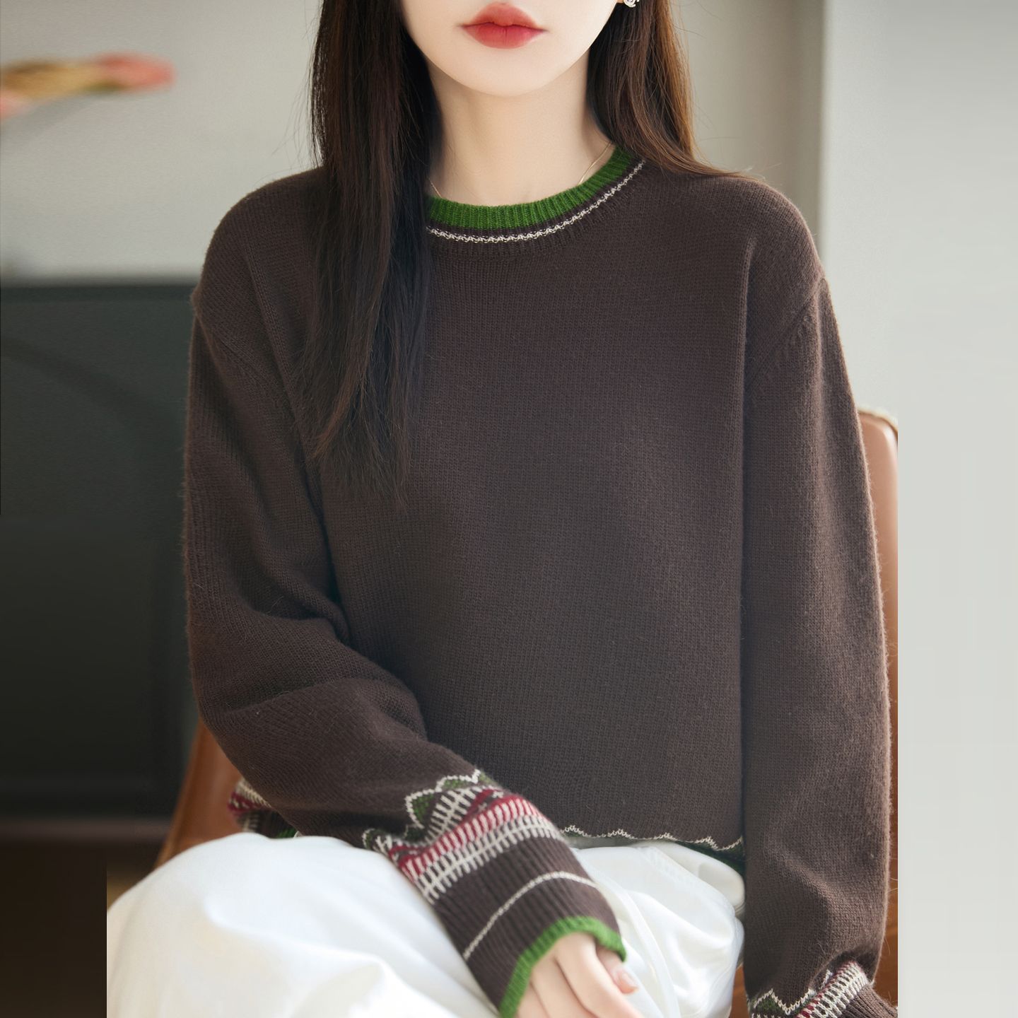 費爾島風復古撞色提花大碼圓領寬松慵懶風針織毛衣