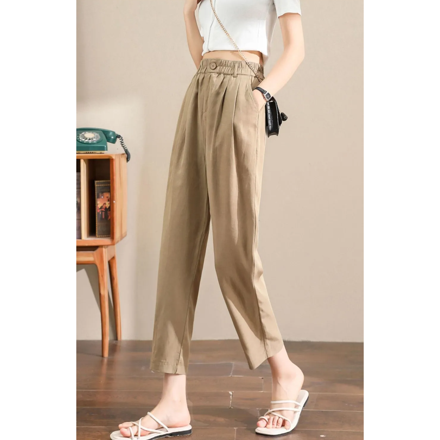 天絲棉麻薄款顯瘦遮肉透氣哈倫九分褲-Cicimode