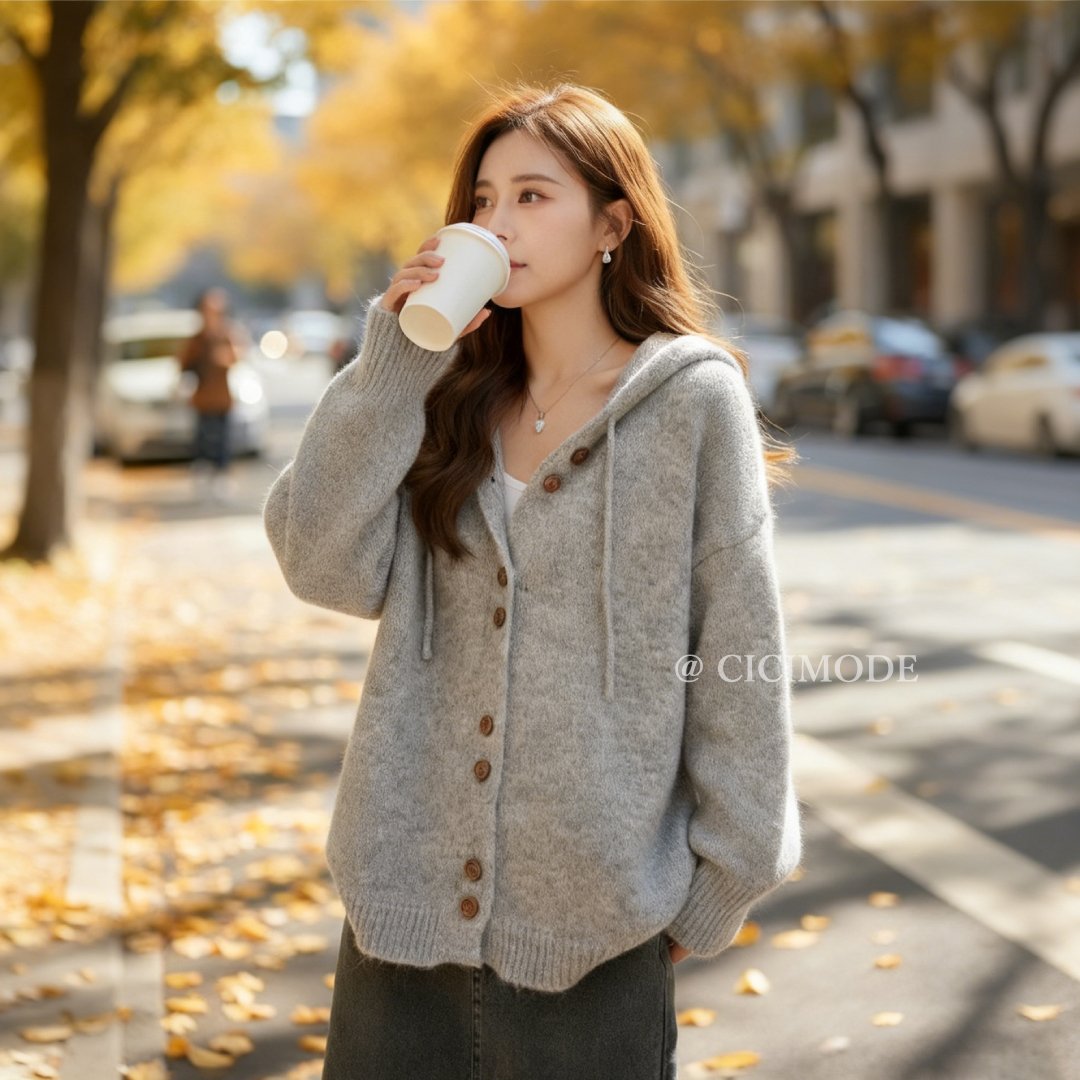 慵懶風百搭韓版寬鬆連帽針織開衫-Cicimode