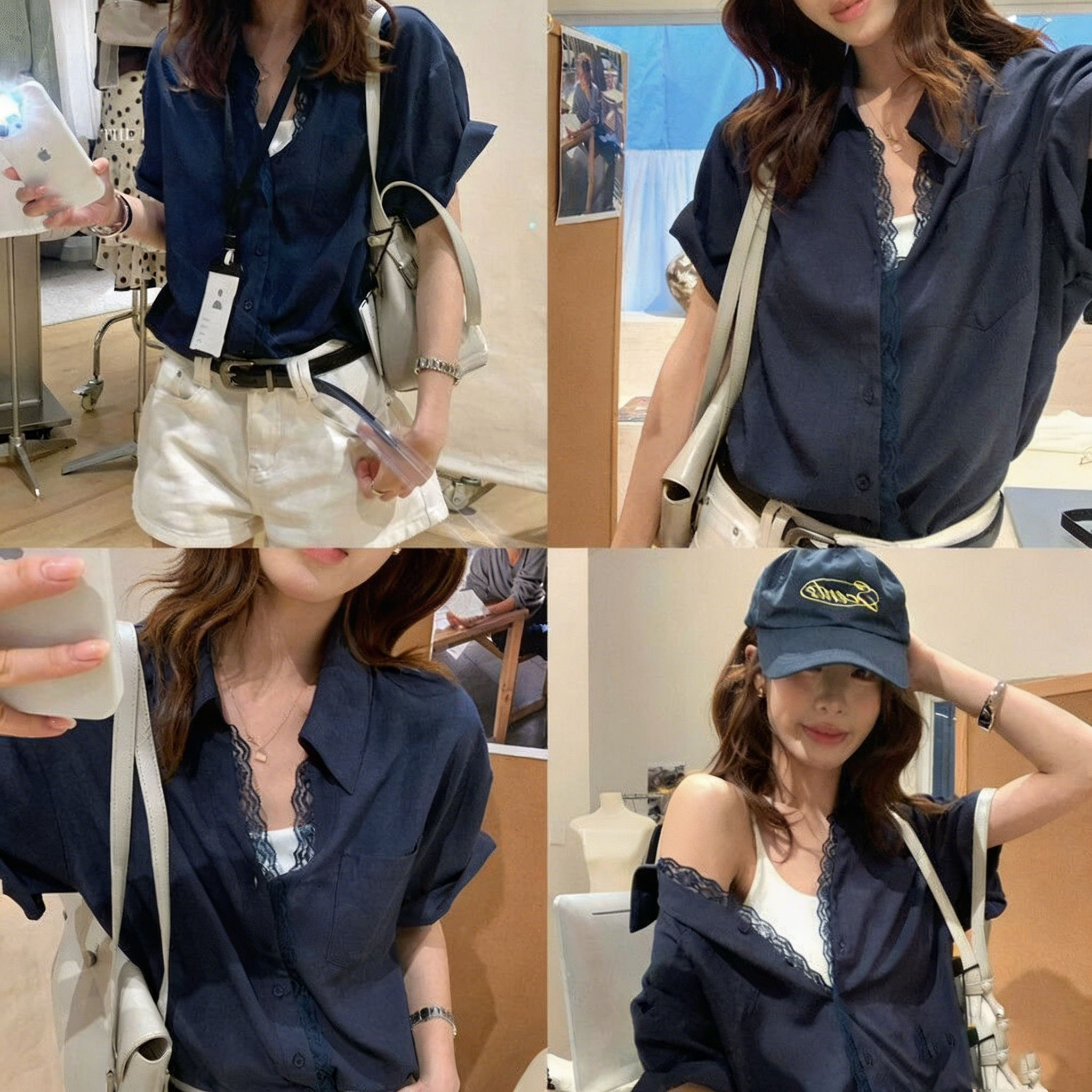 慵懶風蕾絲拼接鬆弛感寬鬆顯瘦V領短袖襯衫