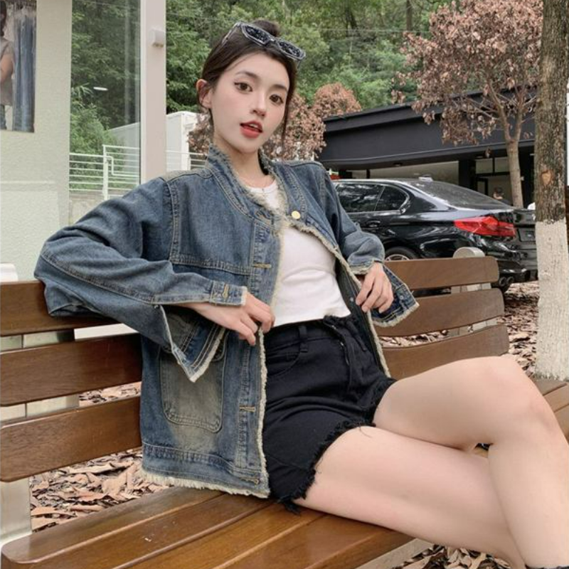 寬鬆顯瘦設計港風復古毛邊夾克水洗牛仔外套