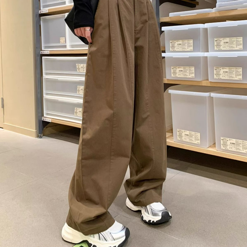 美式高腰顯瘦寬鬆休閒運動工裝闊腿褲-Cicimode