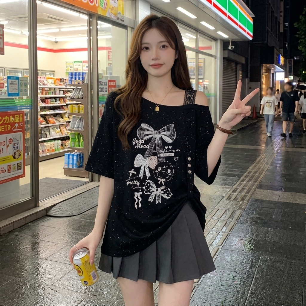 大碼美式印花設計感寬鬆遮肚顯瘦露肩短袖t恤