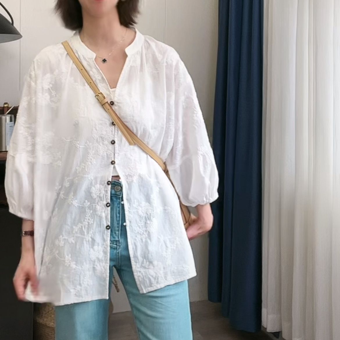 提花刺繡棉質百搭防曬寬鬆七分袖中長款開衫襯衫