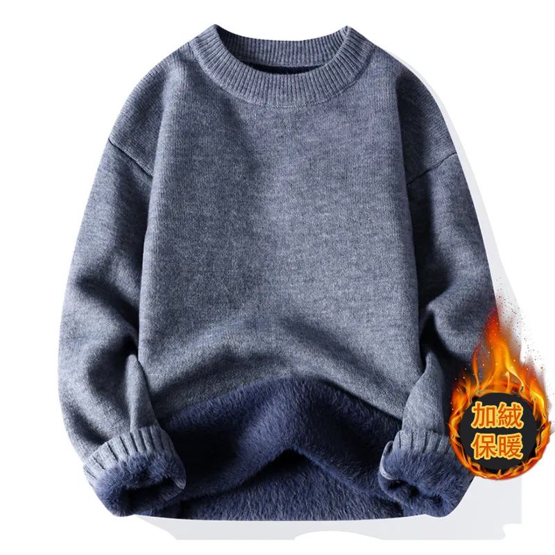 圓領潮流純色長袖打底衫加絨針織衫-Cicimode