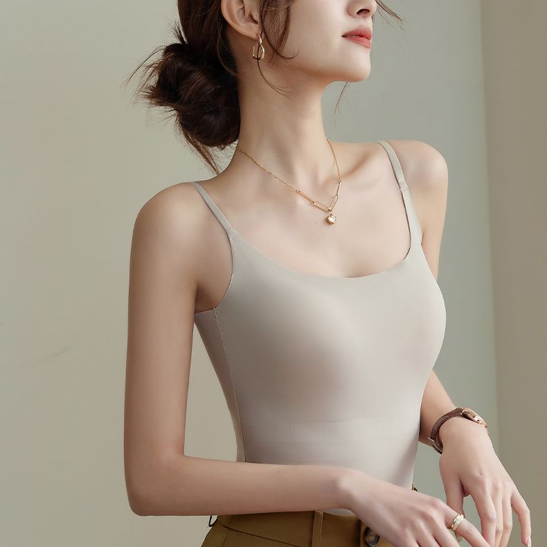 涼感薄款美背無痕打底外穿帶杯墊吊帶背心