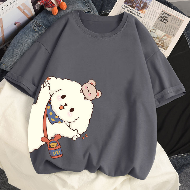 多色純棉可爱印花宽松圆领短袖T恤-Cicimode