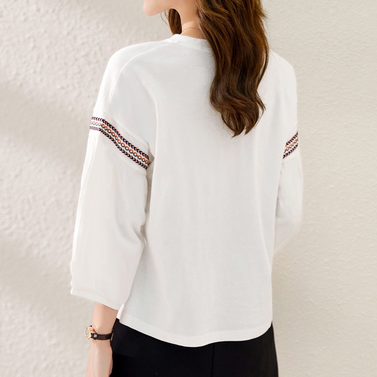 減齡顯瘦小清新簡約純棉七分燈籠袖T恤-Cicimode