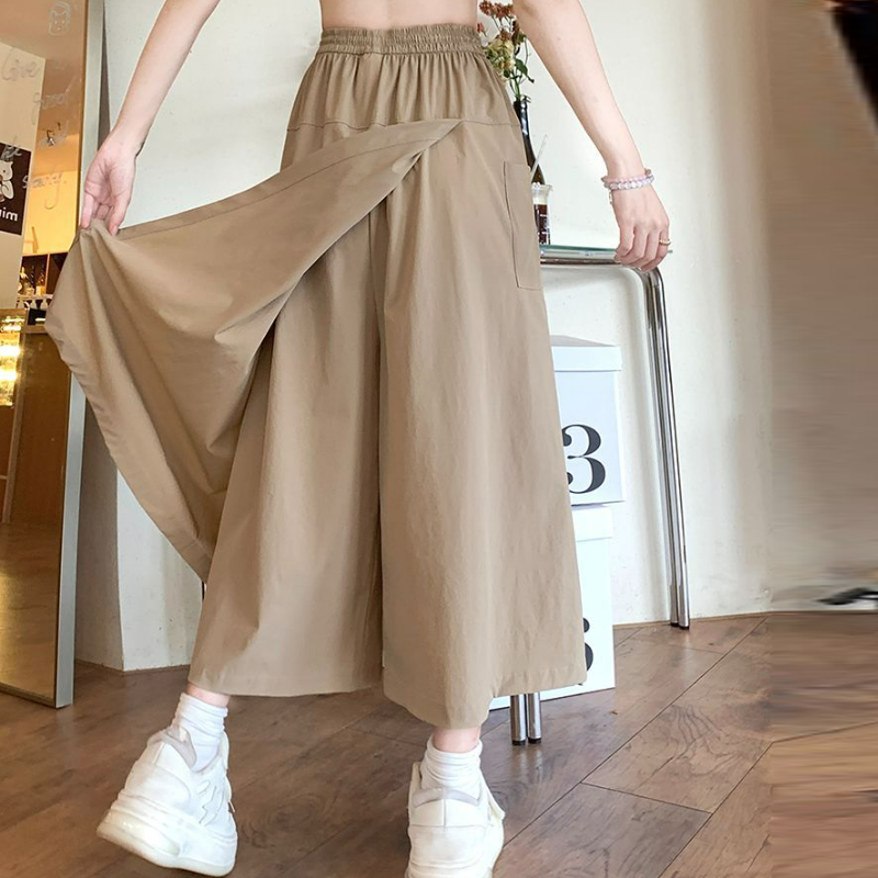高腰寬鬆休閒九分直筒闊腿設計感拼接褲裙-Cicimode