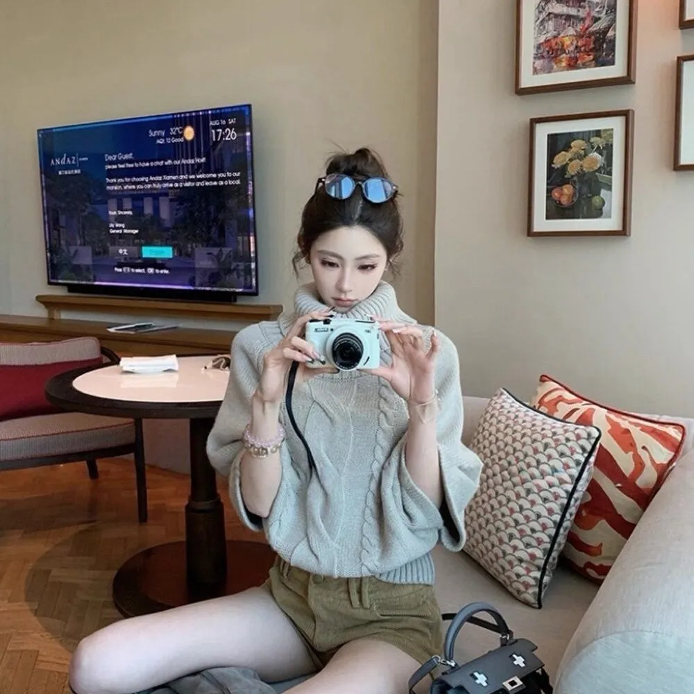 麻花斗篷氛圍針織衫復古寬鬆中袖高領毛衣-Cicimode