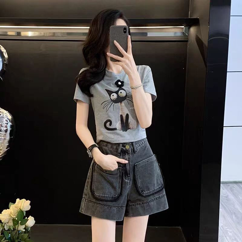 【單件/套裝】復古減齡休閒運動風T恤+牛仔短褲兩件套裝