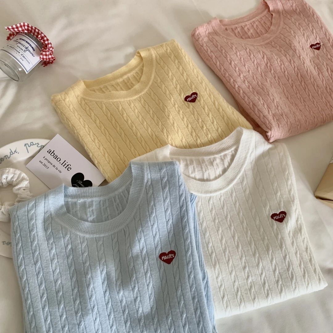 韓系麻花愛心刺繡軟糯針織薄款正肩短袖t恤