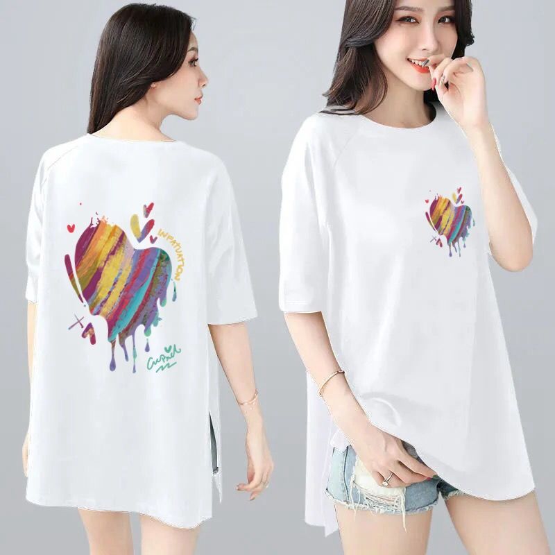 韓版寬鬆印花中長款兩邊開叉短袖T恤-Cicimode