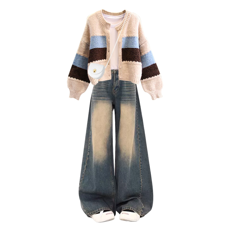 【單件/套裝】復古慵懶撞色針織開衫+收腰顯瘦做舊牛仔闊腿褲兩件套-Cicimode