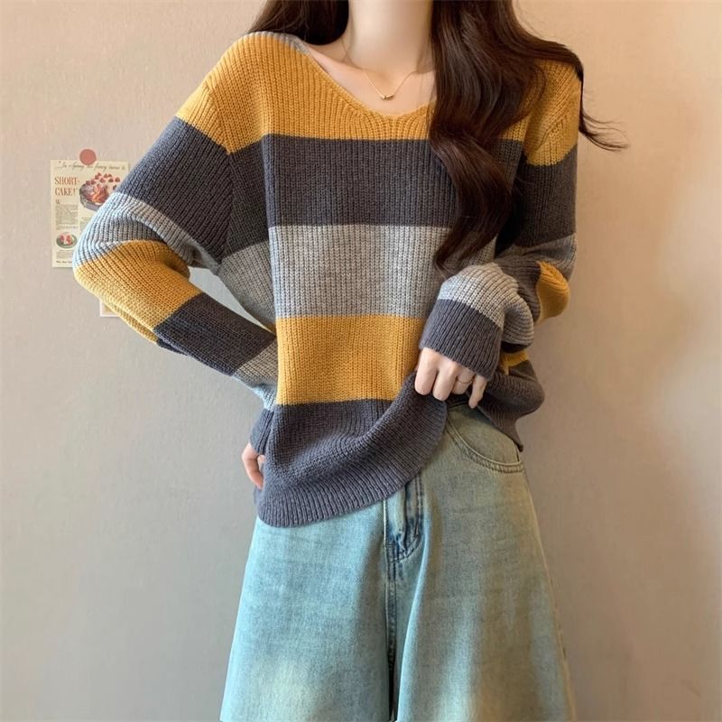 3色復古慵懶風寬鬆v領條紋針織衫-Cicimode