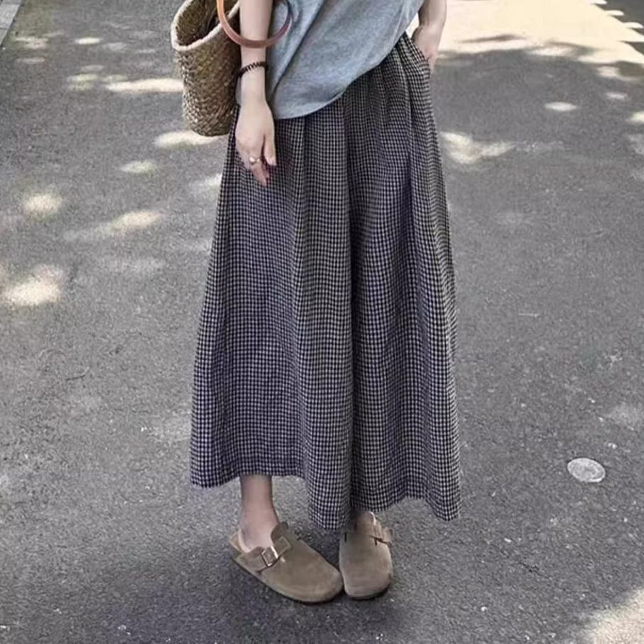 【單件/整套】休閒透氣涼爽V領短袖T恤+格子垂墜感寬鬆長褲兩件套裝-Cicimode