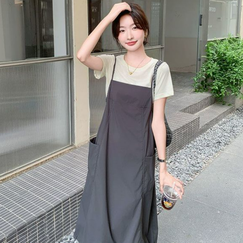 【整套】特大碼工裝休閑吊帶裙+簡約顯瘦短袖T恤兩件套