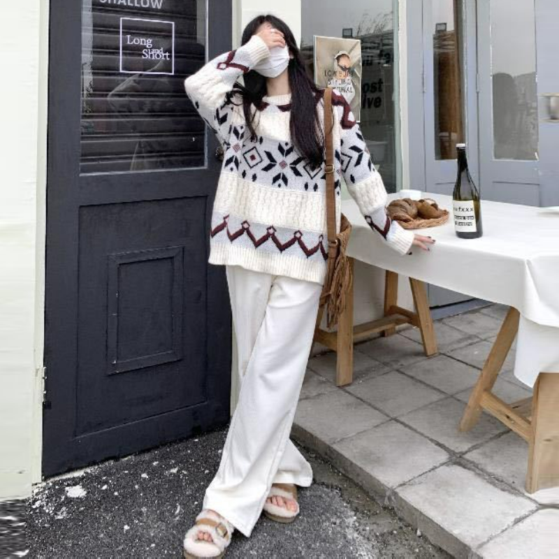 【單件/套裝】寬鬆拼色復古提花套頭毛衣+休閒闊腿褲兩件套-Cicimode