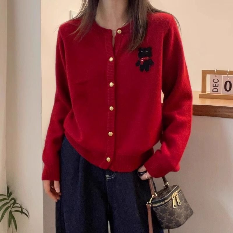 韓版百搭圓領紅色毛衣外套小熊針織開衫