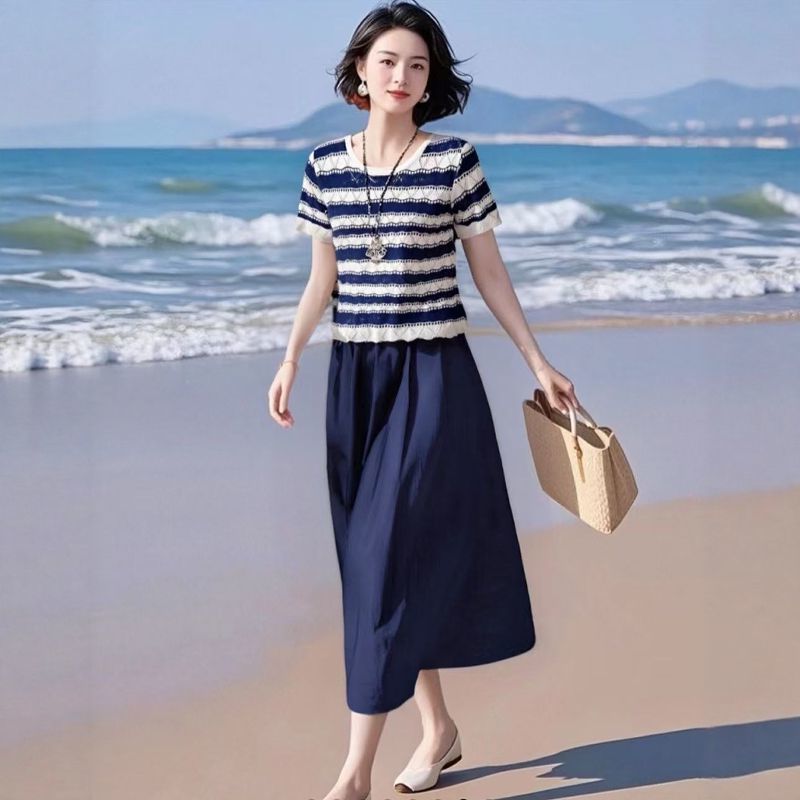 【單件/套裝】多巴胺洋氣條紋薄款針織衫+時尚半身裙兩件套裝