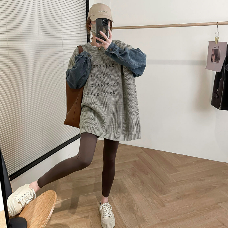 慵懶風百搭寬鬆牛仔袖拼接針織長袖-Cicimode