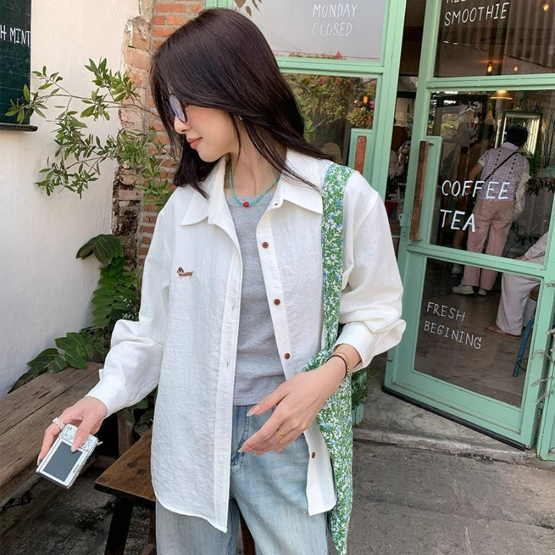 刺繡設計慵懶休閒百搭長袖氣質寬鬆襯衫