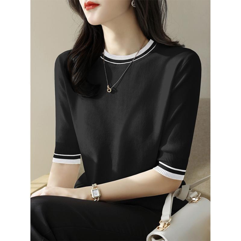 時尚百搭拼色氣質圓領冰絲針織短袖-Cicimode