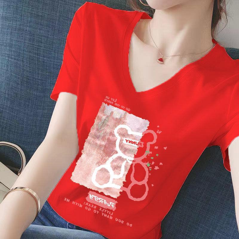 V領卡通熊韓版純棉百搭短袖T恤-Cicimode