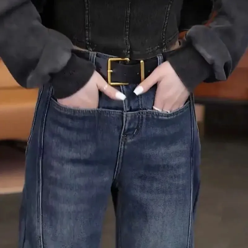 顯瘦復古高腰彎刀褲香蕉褲闊腿寬鬆牛仔褲-Cicimode