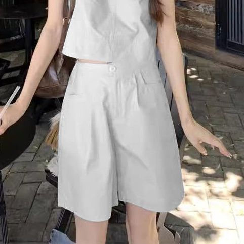 簡約休閑寬松背心上衣高腰闊腿短褲夏季兩件套