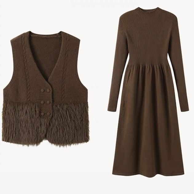 【整套】小香風拼接毛毛馬甲+高級感針織洋裝兩件套裝-Cicimode