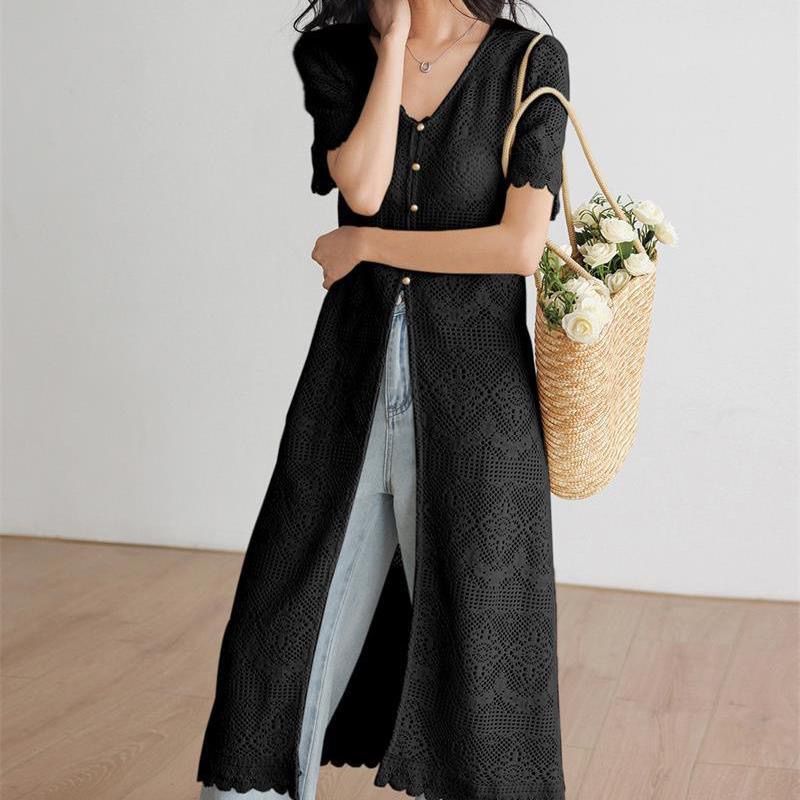 防曬衣長版短袖鏤空設計感法式針織開衫