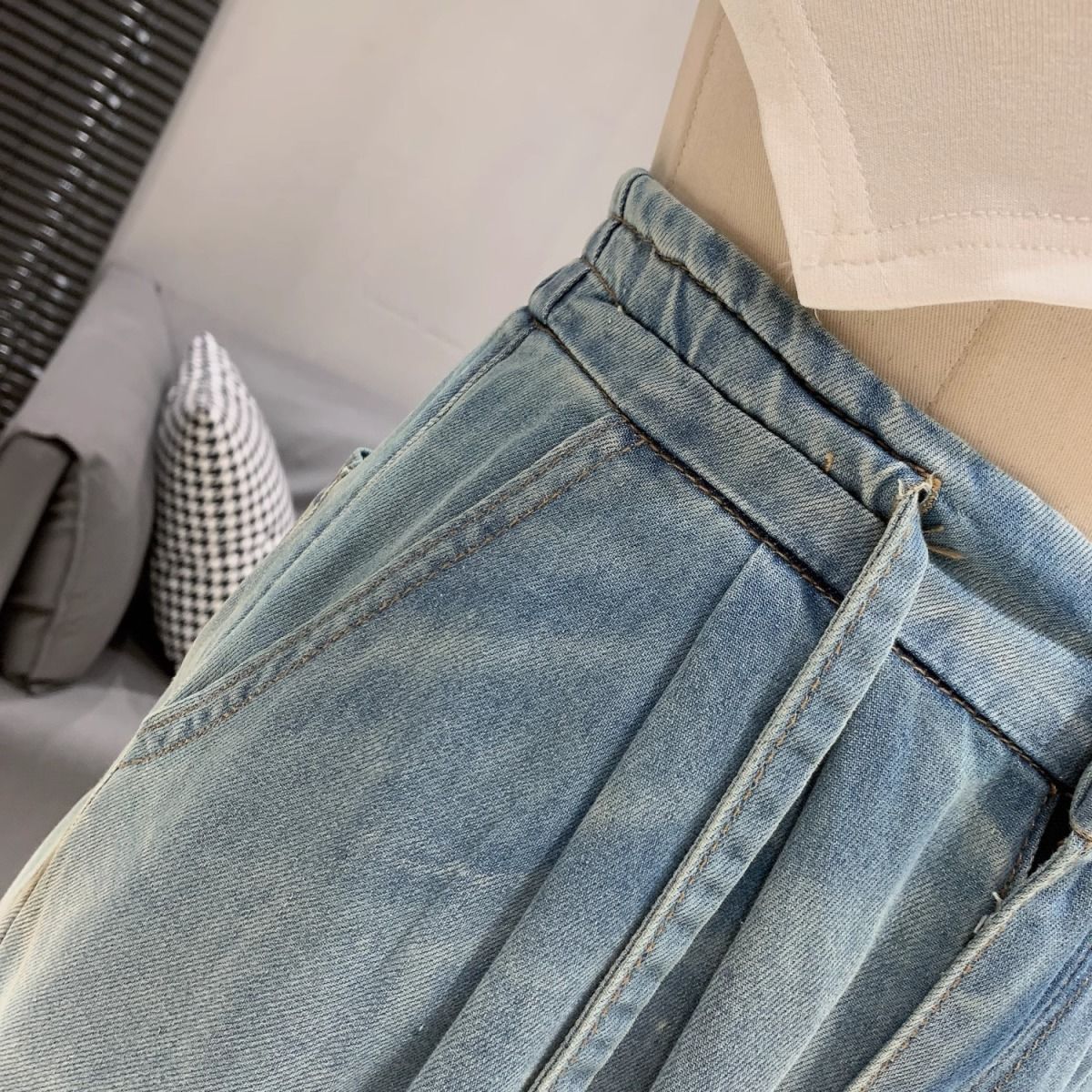 水洗做舊抽繩寬鬆高腰垂感牛仔拖地闊腿褲-Cicimode