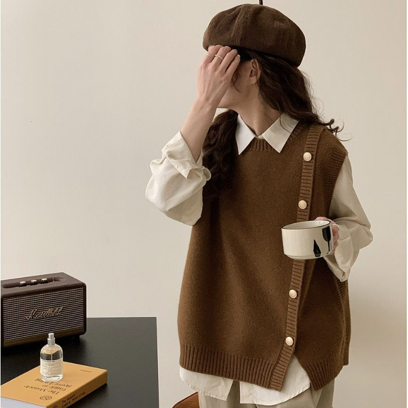 疊穿背心氣質設計感慵懶風側邊金扣針織馬甲
