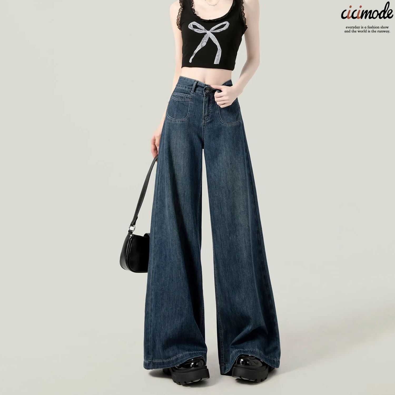 復古百搭寬鬆顯瘦深藍色高腰闊腿牛仔褲-Cicimode
