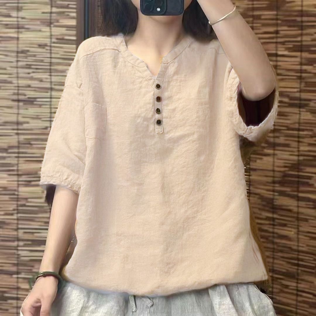 文藝棉麻寬鬆百搭顯瘦立領五分袖襯衫-Cicimode