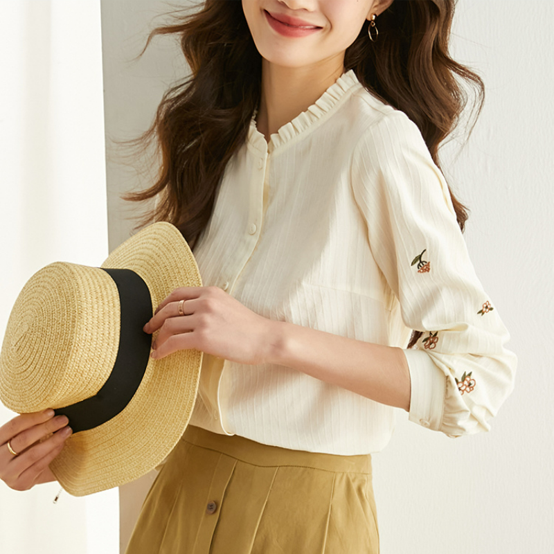 法式木耳邊立領氣質刺繡長袖襯衫-Cicimode