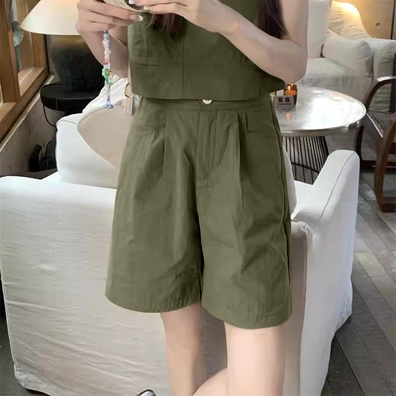 簡約休閑寬松背心上衣高腰闊腿短褲夏季兩件套