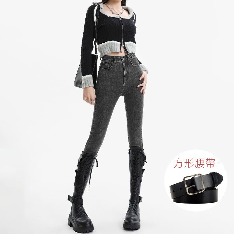 淺藍休閒彈力高腰修身顯瘦小腳牛仔褲