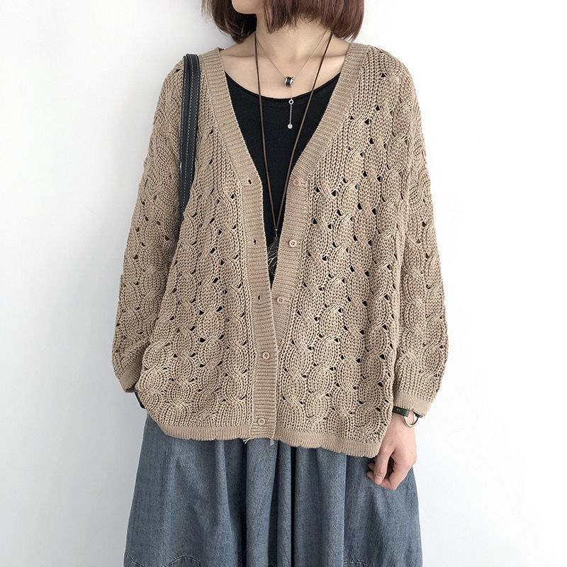 7色鏤空大碼顯瘦網眼長袖針織衫開衫-Cicimode